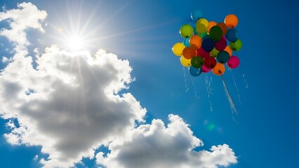 Colorful balloons soaring high against a vibrant blue sky with fluffy clouds and beaming sunlight