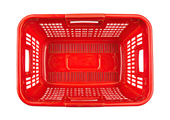 Top-down view of an empty red plastic laundry basket with ventilation holes
