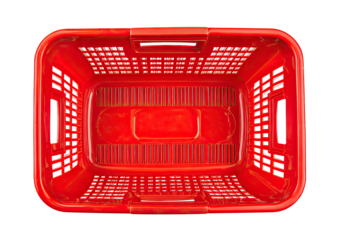 Top-down view of an empty red plastic laundry basket with ventilation holes