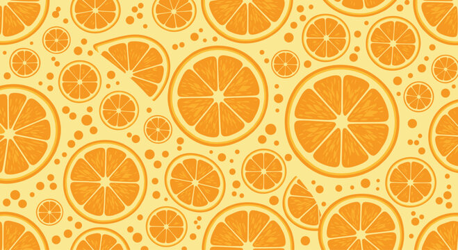 Refreshing seamless pattern with citrus orange slices of various sizes on a bright yellow background for a summer vibe.