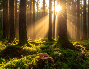 Sun-drenched Coniferous Forest Floor with Wild Mushrooms - Enchanting Summer Woodland with Warm God Rays