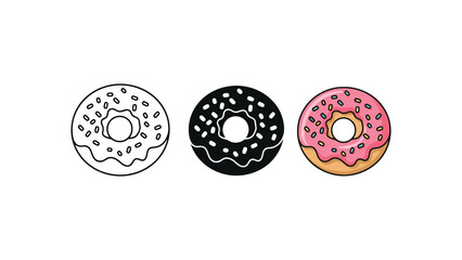 Fototapeta premium Three donuts are shown in different styles: outline, silhouette, and colored.