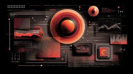 Abstract digital composition featuring vibrant red tones and geometric shapes, showcasing patterns, textures, and data visualizations on a dark background