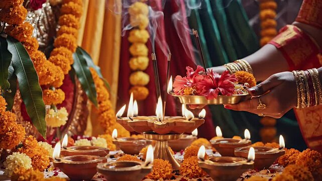 Chaitra Navratri background with colorful drapes and oil lamps devotional spring atmosphere