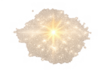 Golden glitter dust explosion with bright light flare and shimmering particles on transparent background