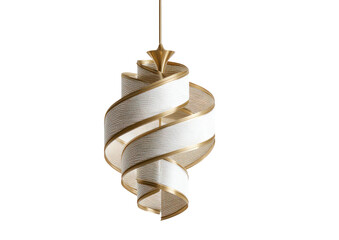 Elegant, spiraling pendant light, gold trim accents on ivory, dark backdrop