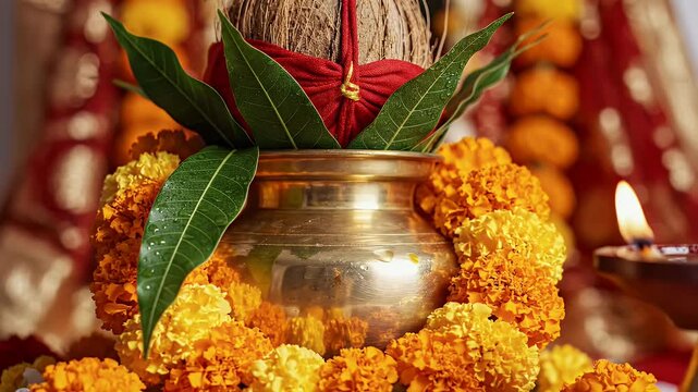 Chaitra Navratri background with sacred kalash mango leaves and marigolds ritual decor