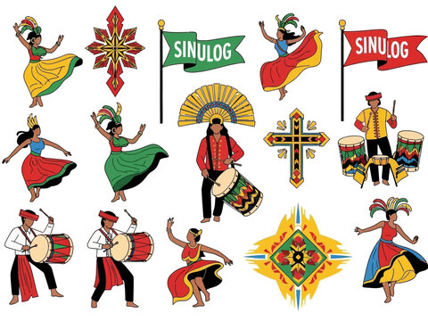 Sinulog Festival Illustration Collection Celebratory Dance, Drumming, and Cultural Symbols