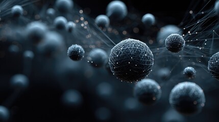 Abstract representation of interconnected spheres floating in a dark space, illustrating concepts of technology, science, and data networks for digital art and innovation themes.
