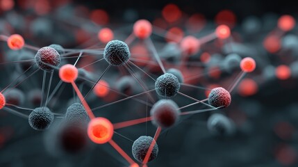Abstract digital representation of interconnected particles displaying vibrant red and blue colors illustrating scientific concepts of molecular structures and networks.