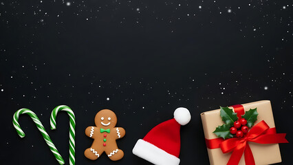 Christmas Decoration Set with Candy Cane, Gingerbread, Santa Hat and Gift Box on Dark Background