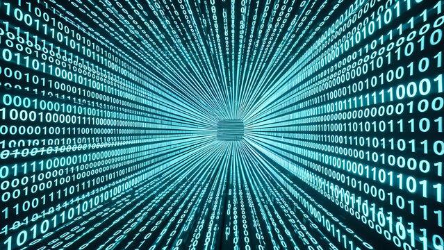 Vibrant digital tunnel of glowing blue binary code streaming rapidly