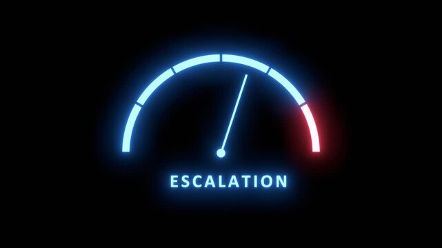 Escalation meter showing big levels. Dangerously increasing high values of escalation, critical overload. Too much, off the charts. Politic and social concept. Neon glowing.