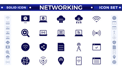 Networking solid icon set. Connections, relationships, online networking, community, events, and social network icons. computer, network, website, server, web design, hardware, software, and programmi