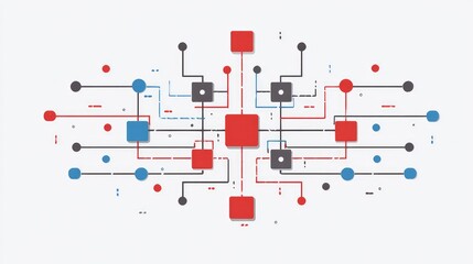 Abstract technology pattern with colorful squares and circles interconnected by lines representing digital communication and data transfer in a modern design aesthetic