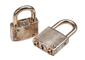 Two tarnished brass padlocks, one upright, one lying down, against black