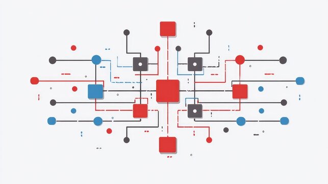 Abstract technology pattern with colorful squares and circles interconnected by lines representing digital communication and data transfer in a modern design aesthetic - Powered by Adobe