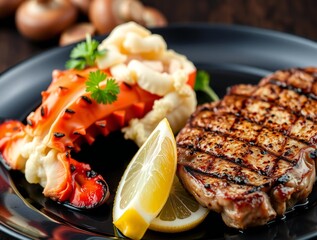 Grilled steak and lobster tail with lemon and mashed potatoes
