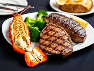 Grilled steak and lobster tail with broccoli
