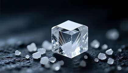 A large clear diamond cube surrounded by smaller diamonds on a dark surface with a shallow depth of field and cinematic lighting.