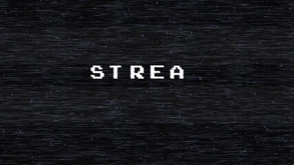 Stream starting soon animation glitch. Stream starting soon announcement for livestream event with pixelated white text on screen suitable for online promotions and social media marketing.