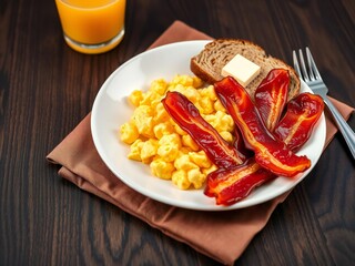 Breakfast plate with bacon, eggs, and toast