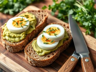 Avocado and egg toast on wooden board