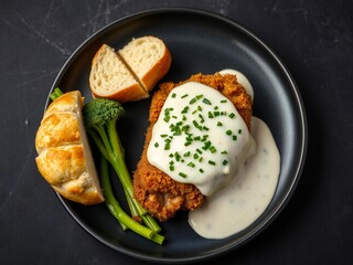 Crispy fried chicken with cream sauce and side dishes