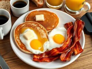 Delicious breakfast plate with pancakes, eggs, and bacon