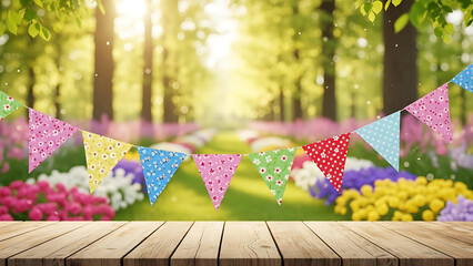 Colorful Party Bunting Flags Over Wooden Table with Spring Garden and Sunlight