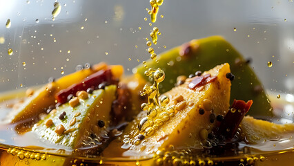 Mango pickle being drenched in golden oil with spices