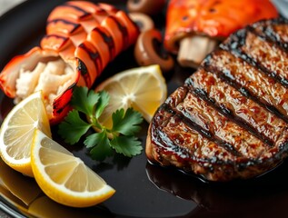 Grilled seafood platter with lemon and herbs