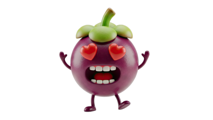 Cute Mangosteen Character with Heart Eyes and Open Mouth