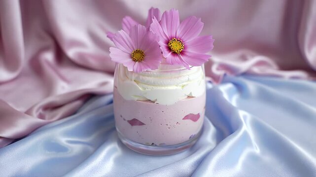 Delicate Pink Yogurt Parfait in a Small Glass Jar Adorned with Pink Flowers and a Soft Satin Backdrop