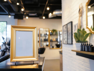 Gold Picture Frame on Salon Counter With Modern Beauty Studio Interior Background