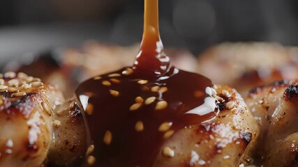 Delicious dark brown sauce gracefully drizzling onto perfectly grilled chicken skewers, generously sprinkled with toasted sesame seeds, creating an appetizing and savory culinary masterpiece ready to.