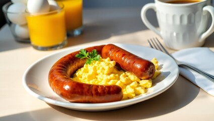 Hearty breakfast plate with sausage and scrambled eggs