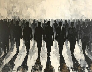 Silhouetted figures in suits, walking with dramatic shadows