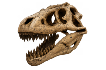 Tyrannosaurus rex skull fossil featuring sharp teeth, revealing an ancient predator. Exploring paleontology and prehistoric life