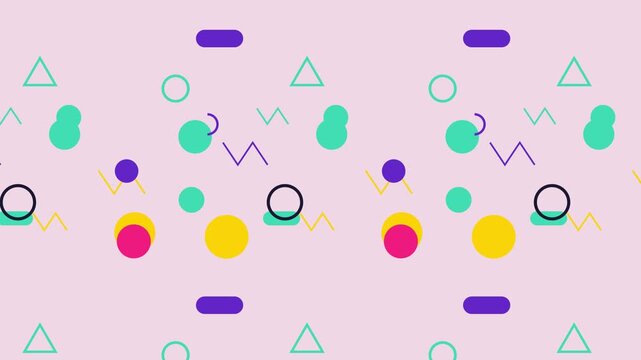 Colorful animated memphis pattern with geometric shapes moving on a light pink background in a seamless loop