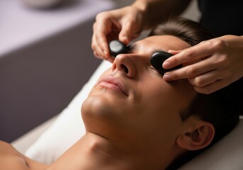 Professional spa treatment with a woman receiving a facial massage using a jade roller