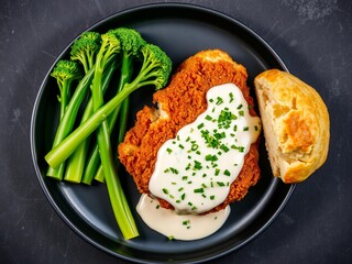 Crispy breaded chicken with creamy sauce and steamed broccoli