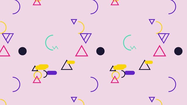 Dynamic abstract animated geometric shapes pattern loop modern memphis style background motion graphics