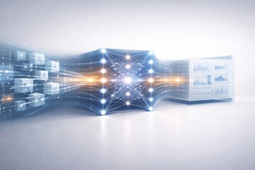 High-quality abstract visualization of a machine learning data pipeline illustrating a clear left-to-right sequence of data input, processing, and output. Structured raw data elements pass through