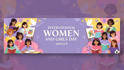 A vibrant illustration celebrating International Women and Girls Day on March 8 with diverse group of women and girls