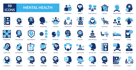 Mental Health Fill Icon Set. Mental,  Support, Mind Care, Emotional Balance, Safe Space, Mental Awareness, Positive Thinking