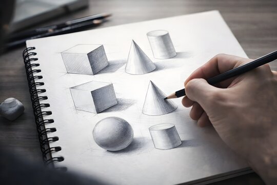 Student practicing pencil drawing of 3D geometric shapes in sketchbook, representing art education, drawing fundamentals, creative learning, and visual skill development