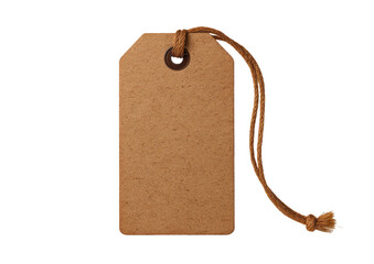 Simple tan tag hangs, secured by brown twine, isolated on a black backdrop