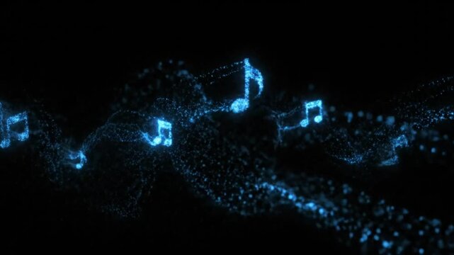 Glowing blue musical notes on black background with sparkling effect