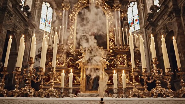 Feast of St. Agatha altar candles arranged symmetrically with incense smoke sacred silence